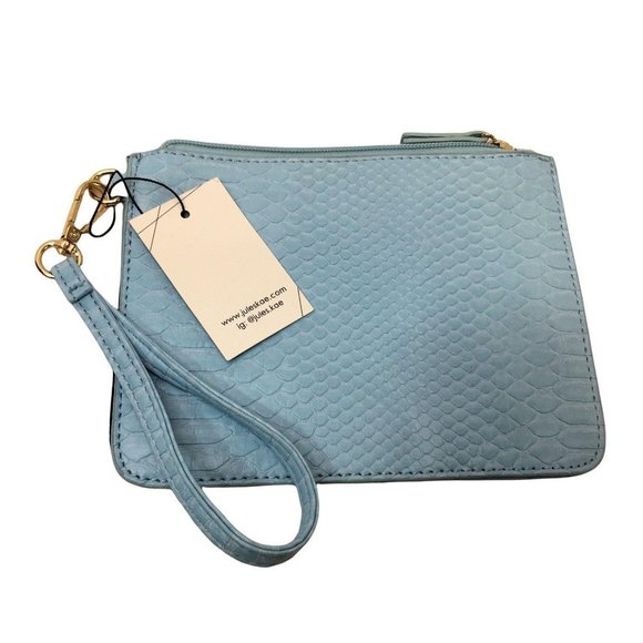 Jules Kae Darla Vegan Croc Leather Pouch Wristlet Light Blue Detachable Strap - Picture 7 of 7